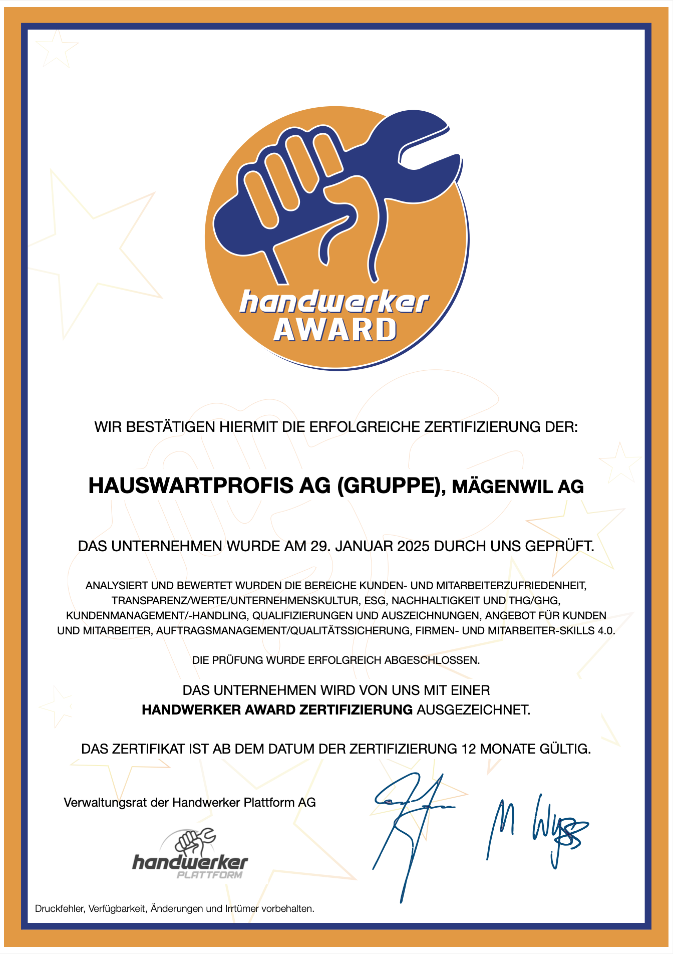 hauswartprofis Gruppe handwerker AWARD Zertifzierung