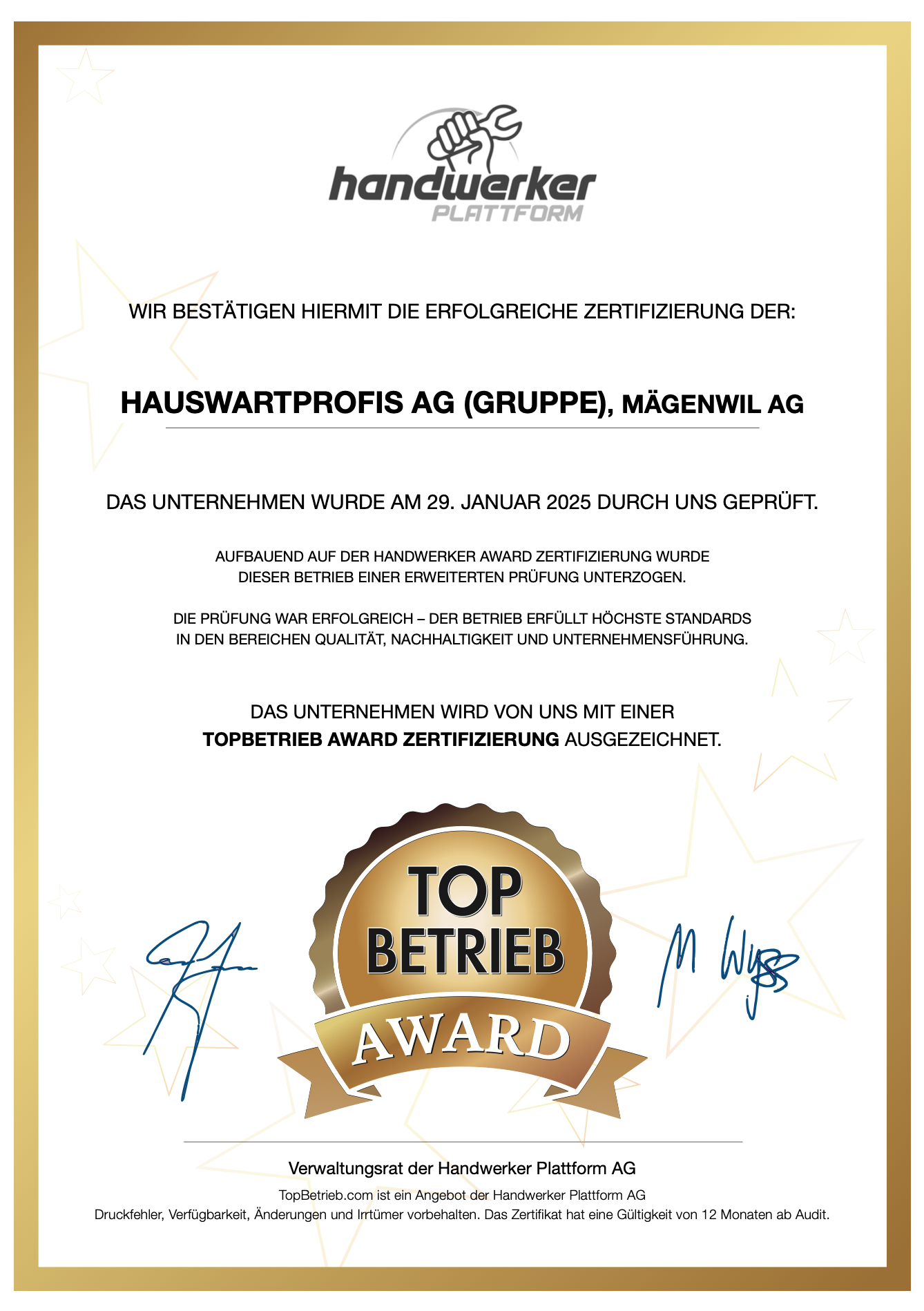 hauswartprofis Gruppe: Dieser Betrieb wurde von handwerker.ch mit dem TopBetrieb AWARD zertifiziert und ausgezeichnet.